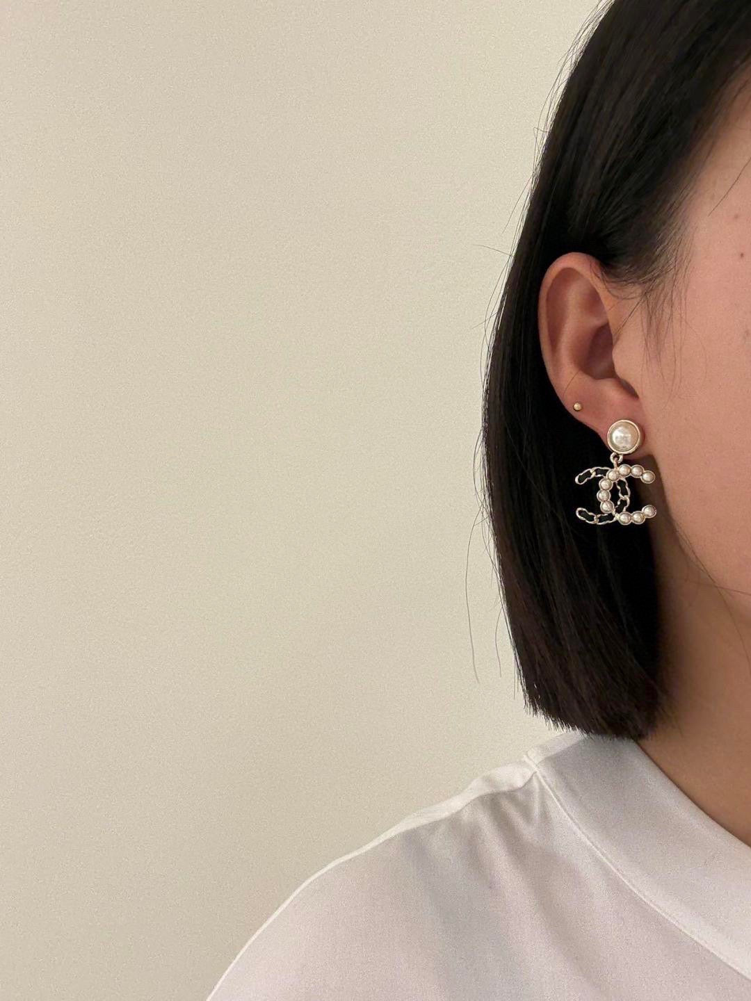 Chanel Black Leather Pearl Earrings